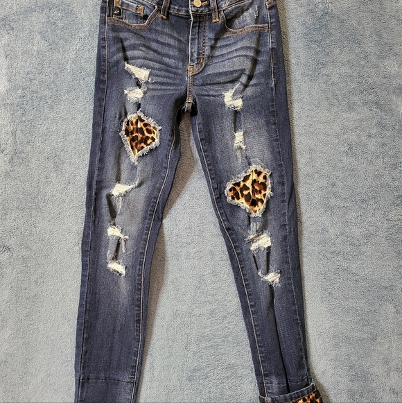 KanCan Denim - Kancan Jeans Women's 5/26 Leopard Print Cuff KC8191D Skinny Holy Distressed Blue